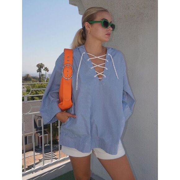 Free Assembly Oversized Striped Lace Up Cotton Hooded Blouse Top Sz S - Picture 1 of 11